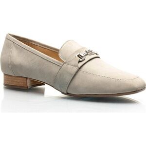 Joan Oloff Adonis Knot Tie Horse Bit Loafers in Taupe Nubuck Leather Sz 5